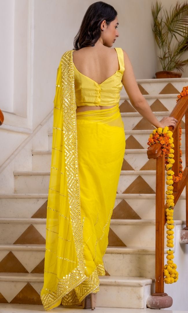 Yellow Mirror Work Saree