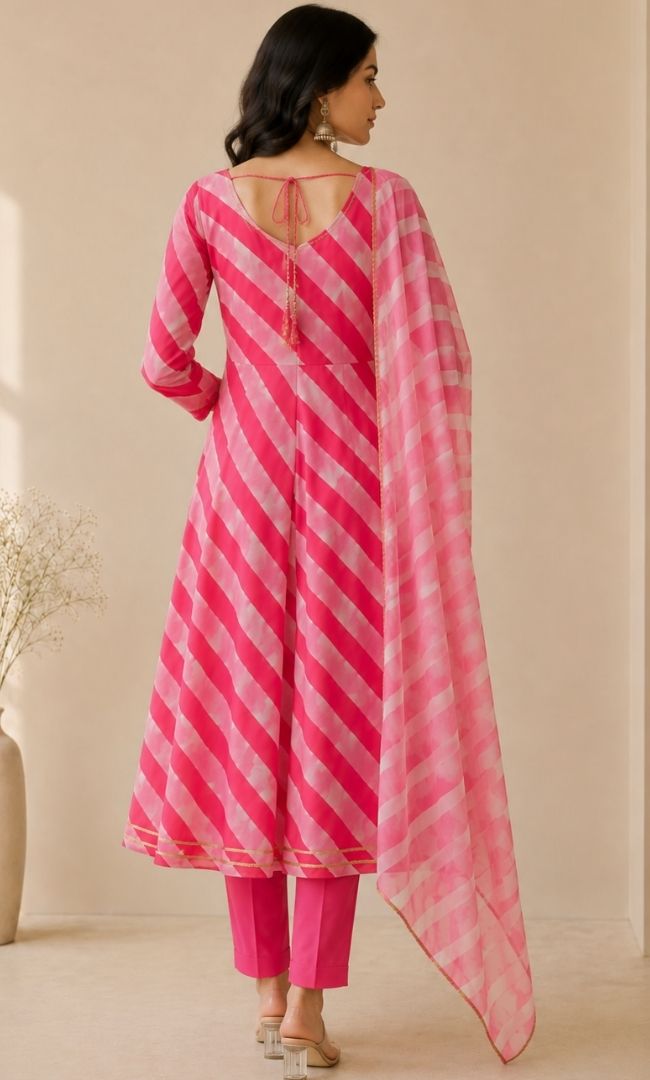 Pink Leheriya Anarkali Set