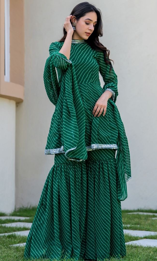 Aura Green Bandhani Sharara Set