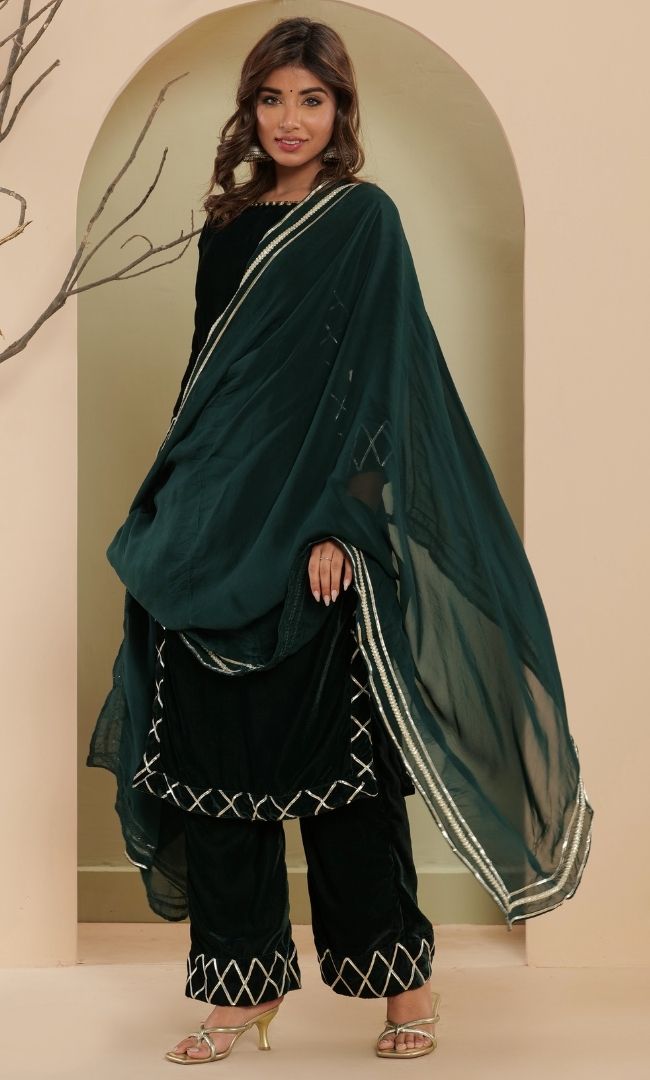 Basil Green Velvet Kurta Set