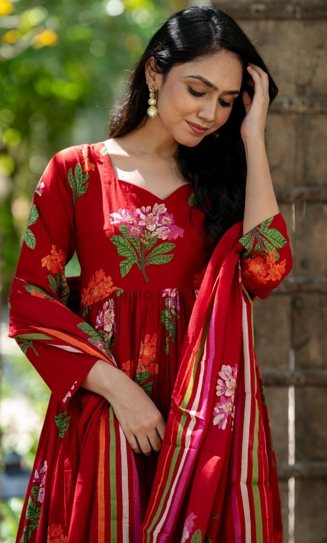 Crimson Blossom Anarkali Palazzo Set