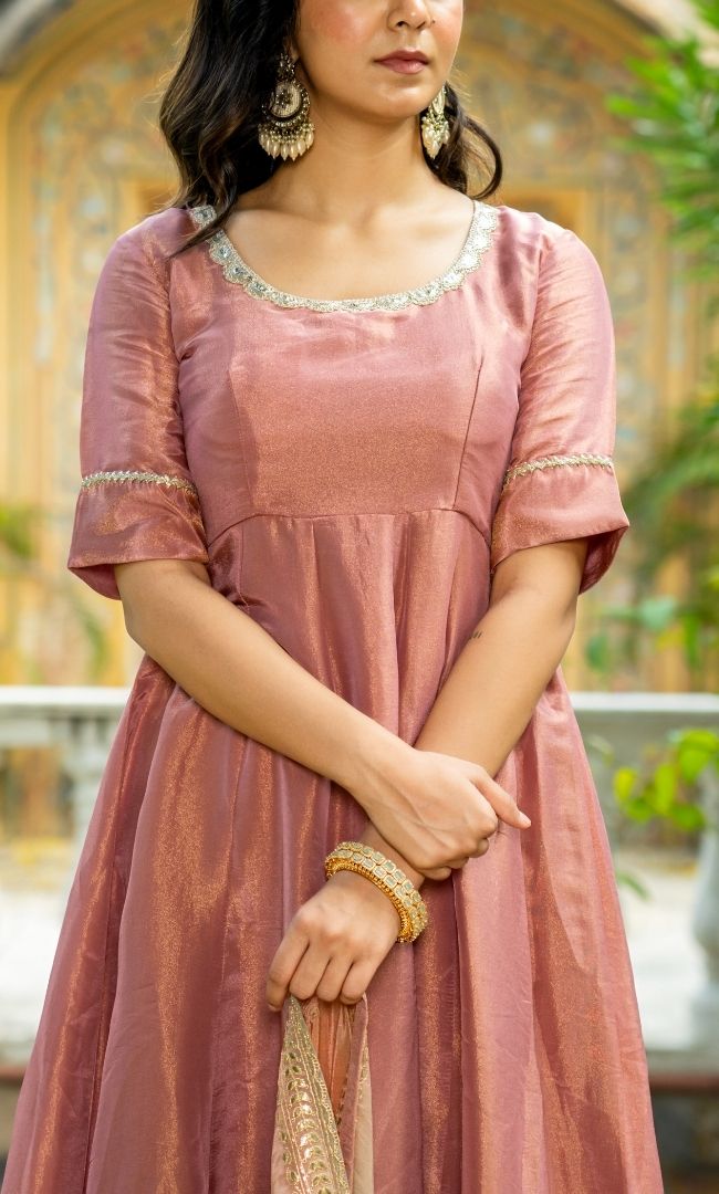 Pastel Peach Tissue Anarkali Set