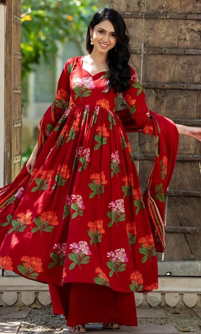 Crimson Blossom Anarkali Palazzo Set