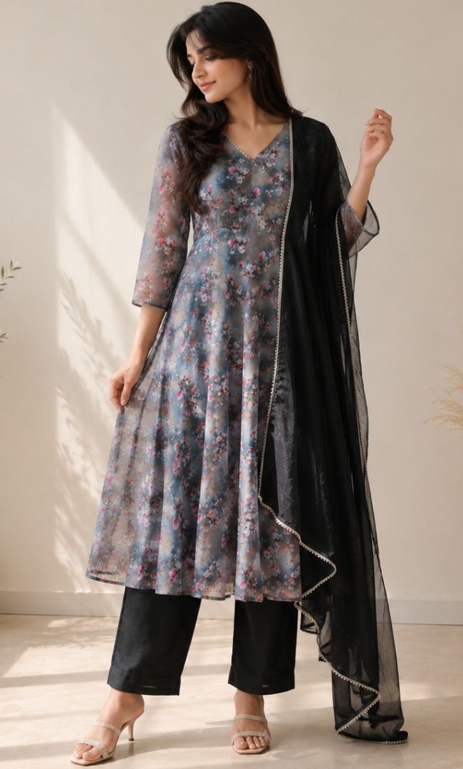 Black Floral Anarkali Set