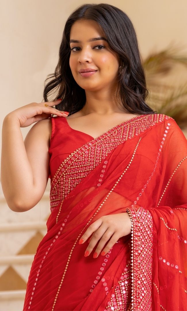 Red Mirror Work Saree