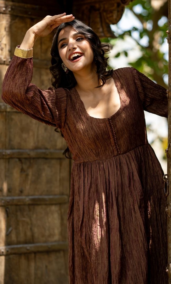 Sana Brown Crushed Anarkali Set