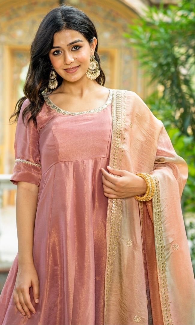 Pastel Peach Tissue Anarkali Set