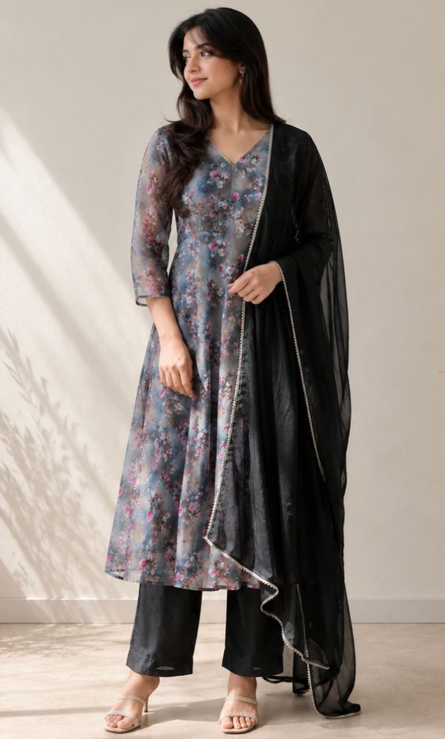 Black Floral Anarkali Set