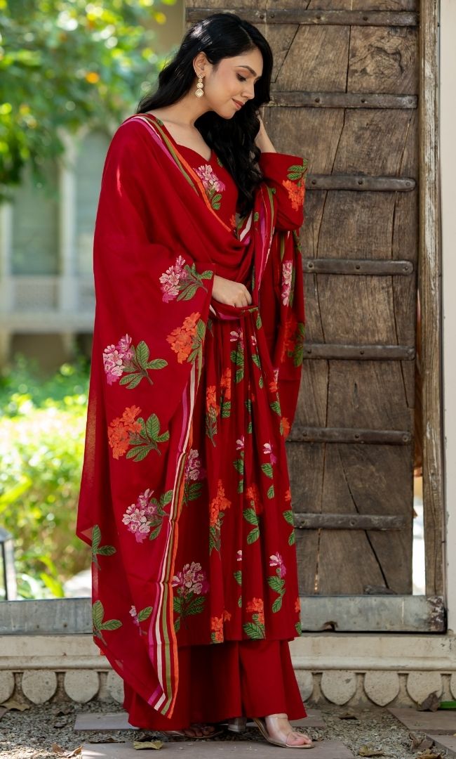 Crimson Blossom Anarkali Palazzo Set