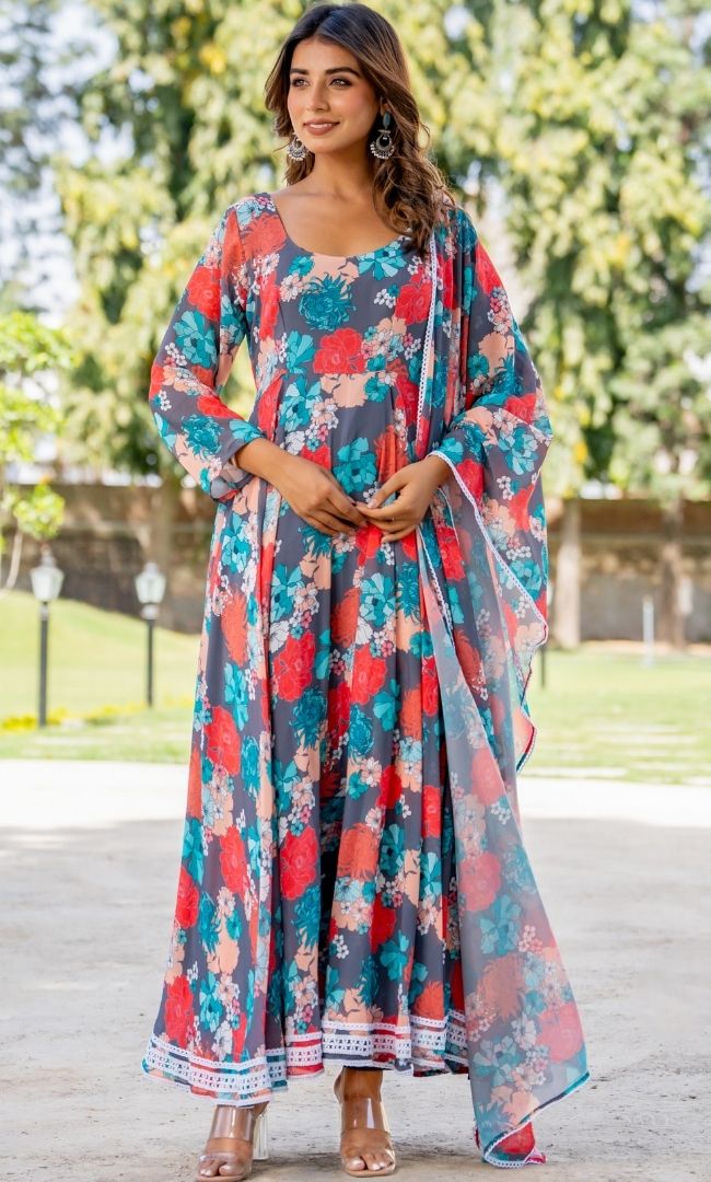 Tiara Grey Floral Anarkali Set