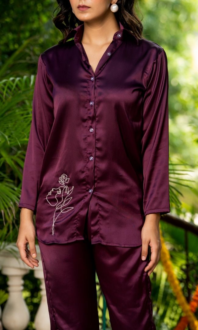 Wine Red Satin Co-ord Set