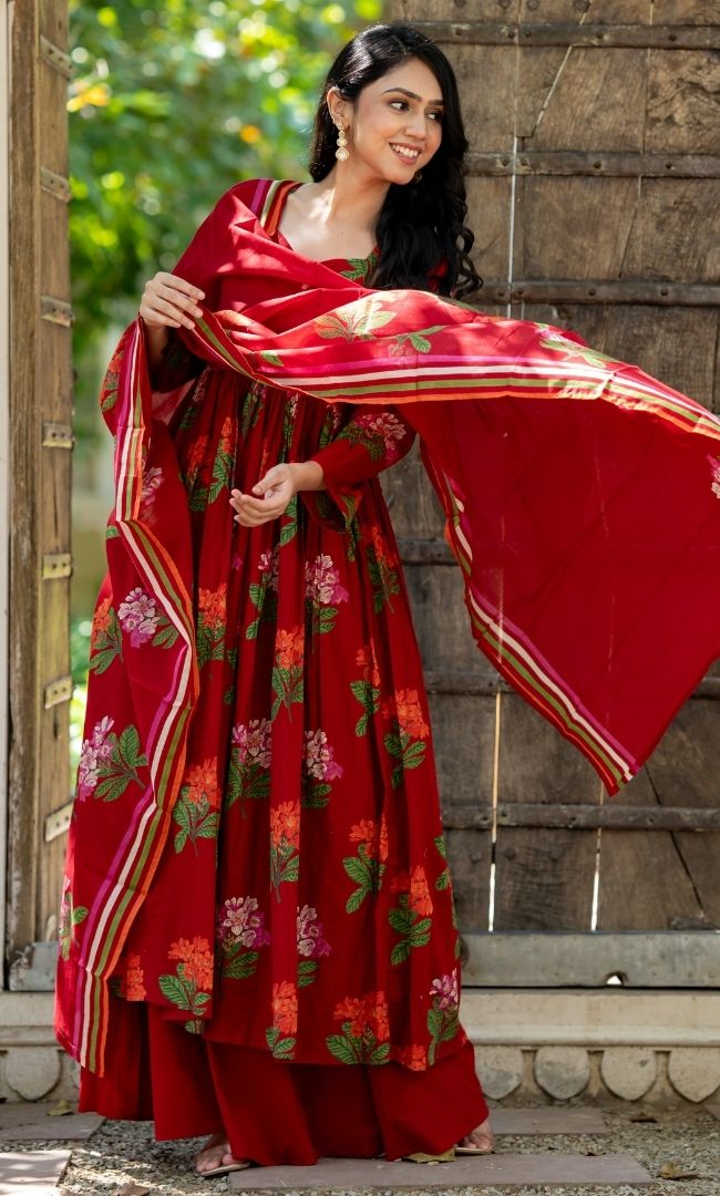 Crimson Blossom Anarkali Palazzo Set