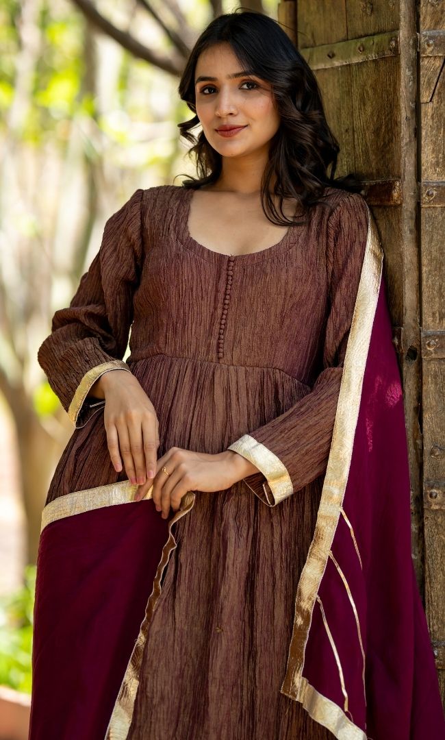 Sana Brown Crushed Anarkali Set