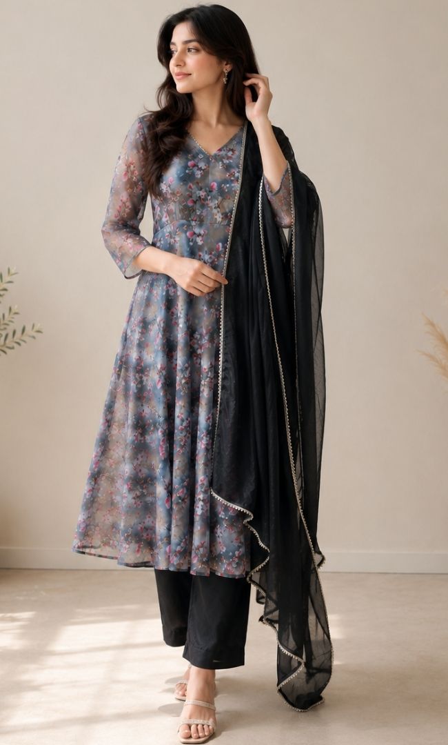 Black Floral Anarkali Set
