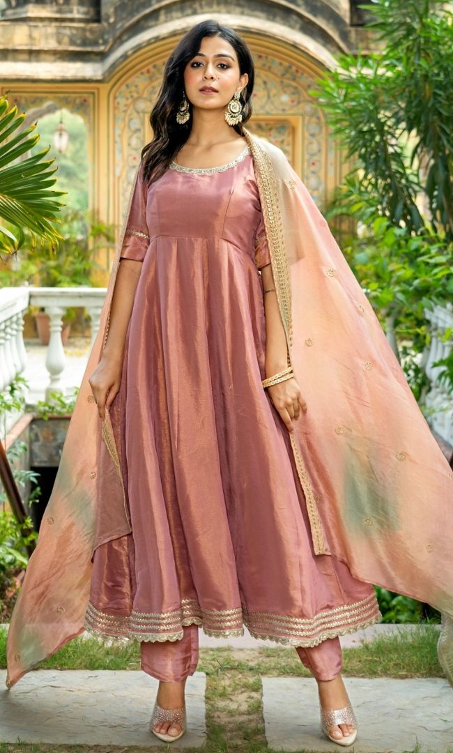 Pastel Peach Tissue Anarkali Set