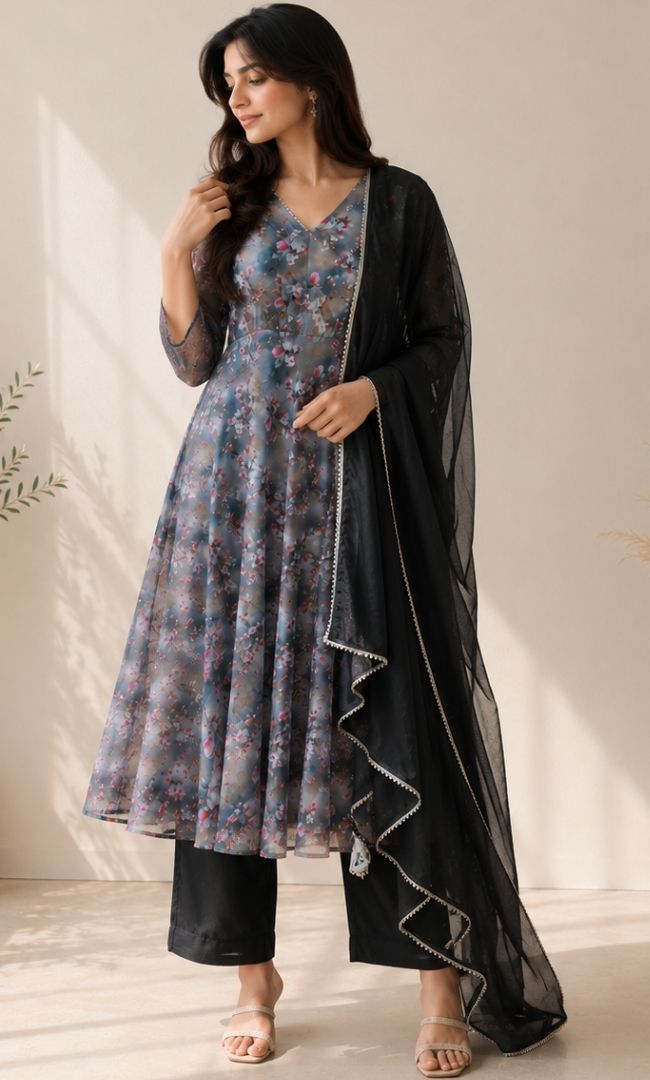 Black Floral Anarkali Set