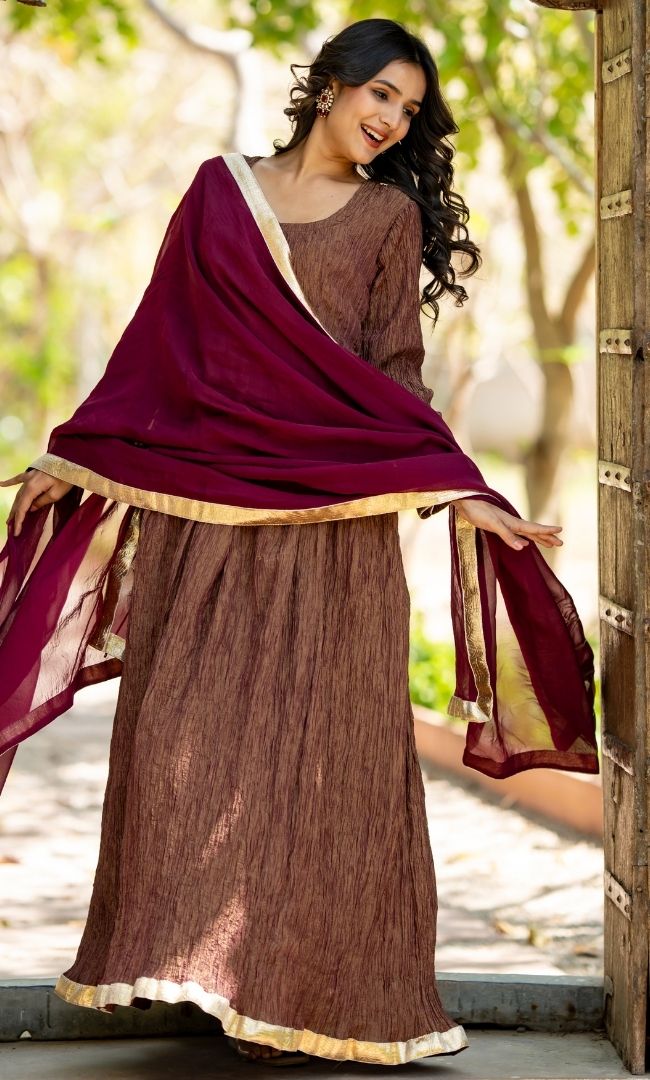 Sana Brown Crushed Anarkali Set