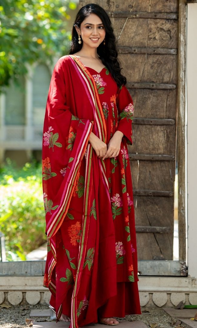Crimson Blossom Anarkali Palazzo Set