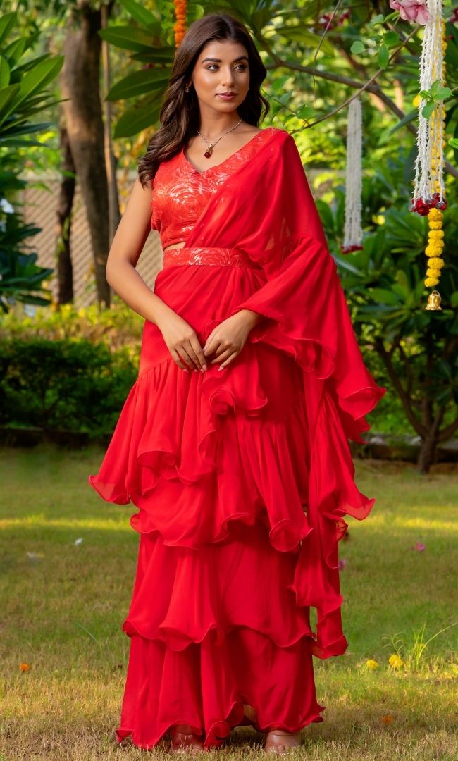 Red Ruffle Saree