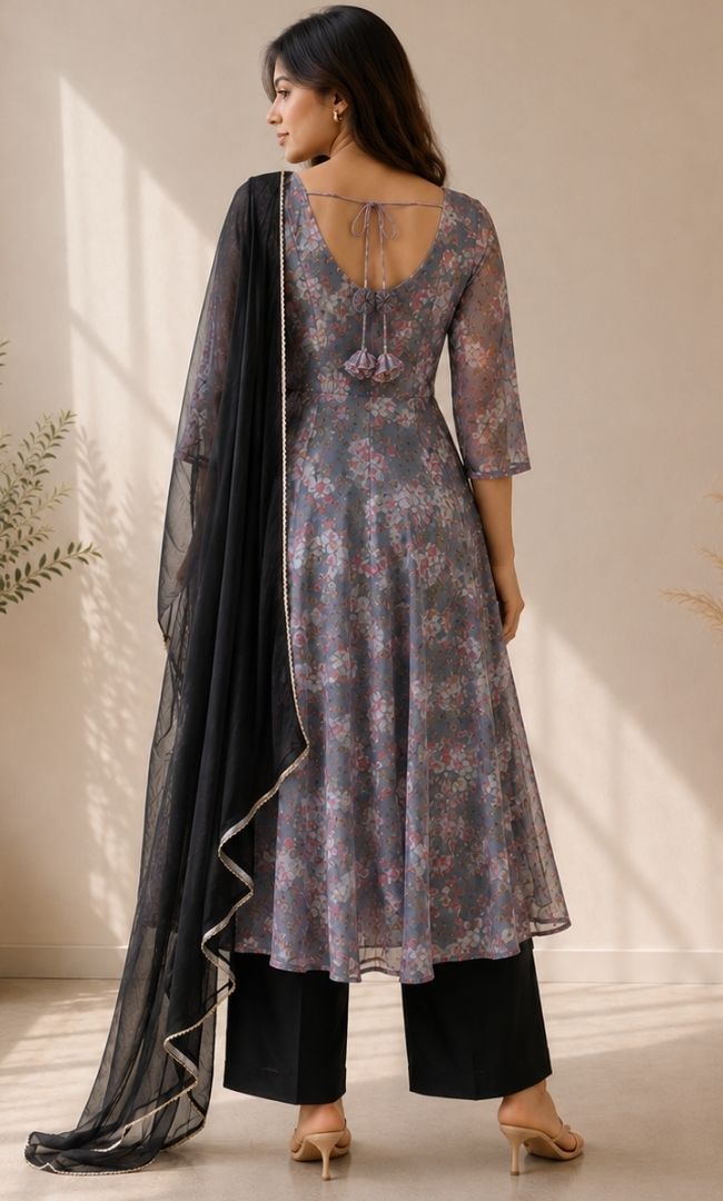 Black Floral Anarkali Set