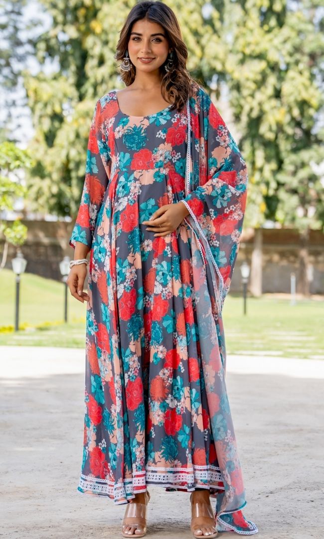 Tiara Grey Floral Anarkali Set