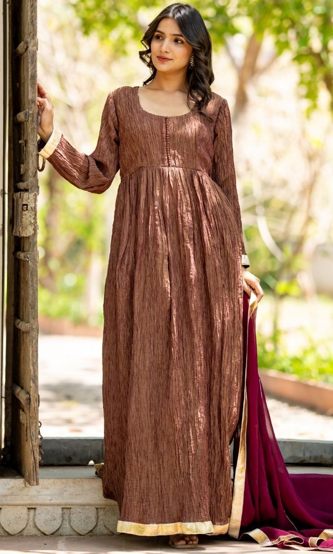 Sana Brown Crushed Anarkali Set