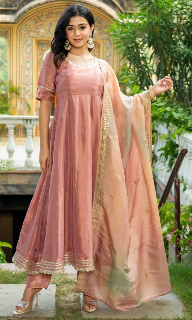 Pastel Peach Tissue Anarkali Set