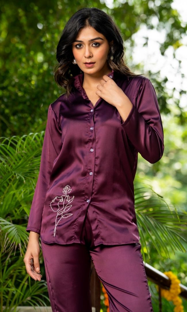 Wine Red Satin Co-ord Set