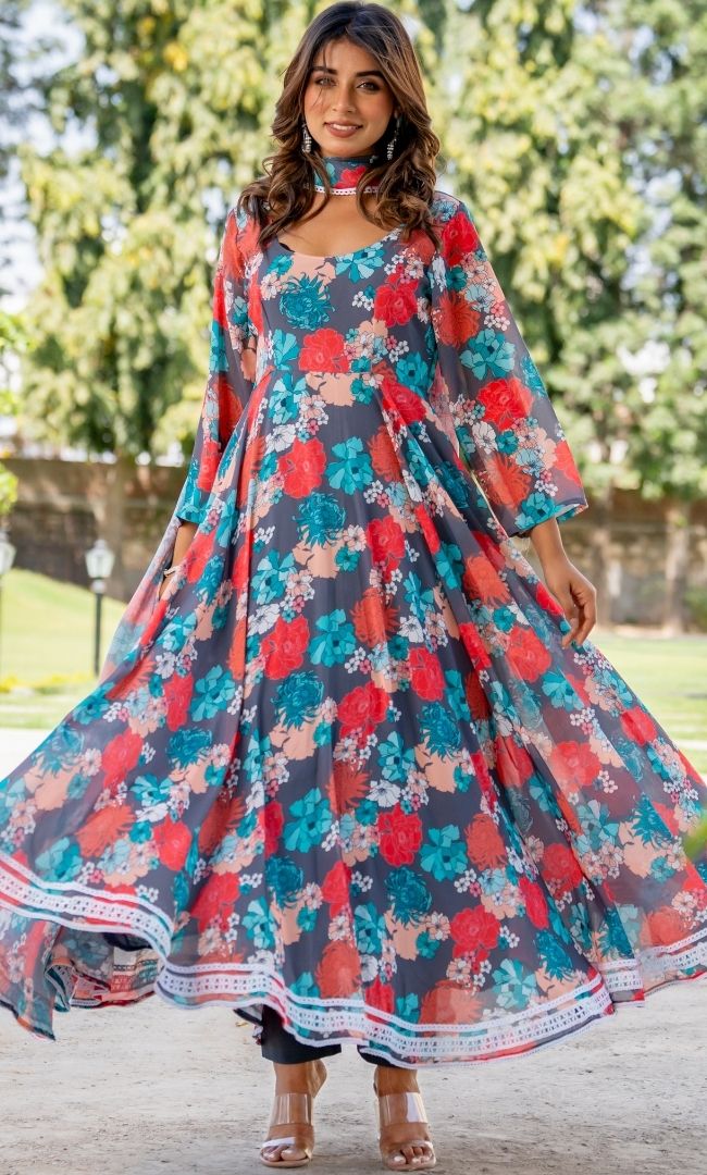 Tiara Grey Floral Anarkali Set