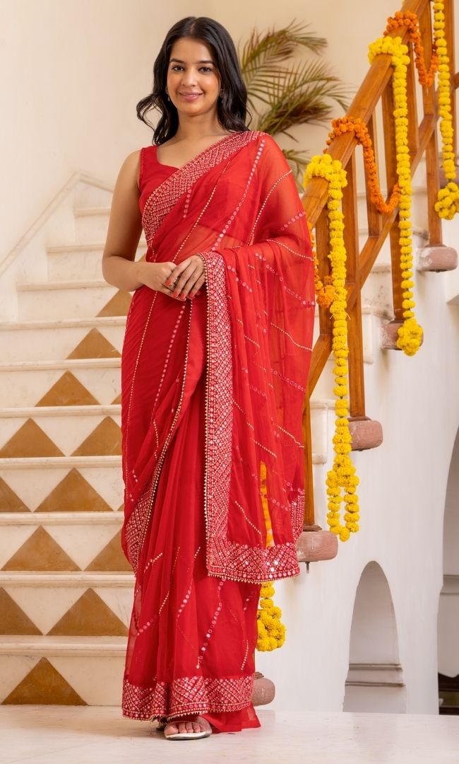 Red Mirror Work Saree