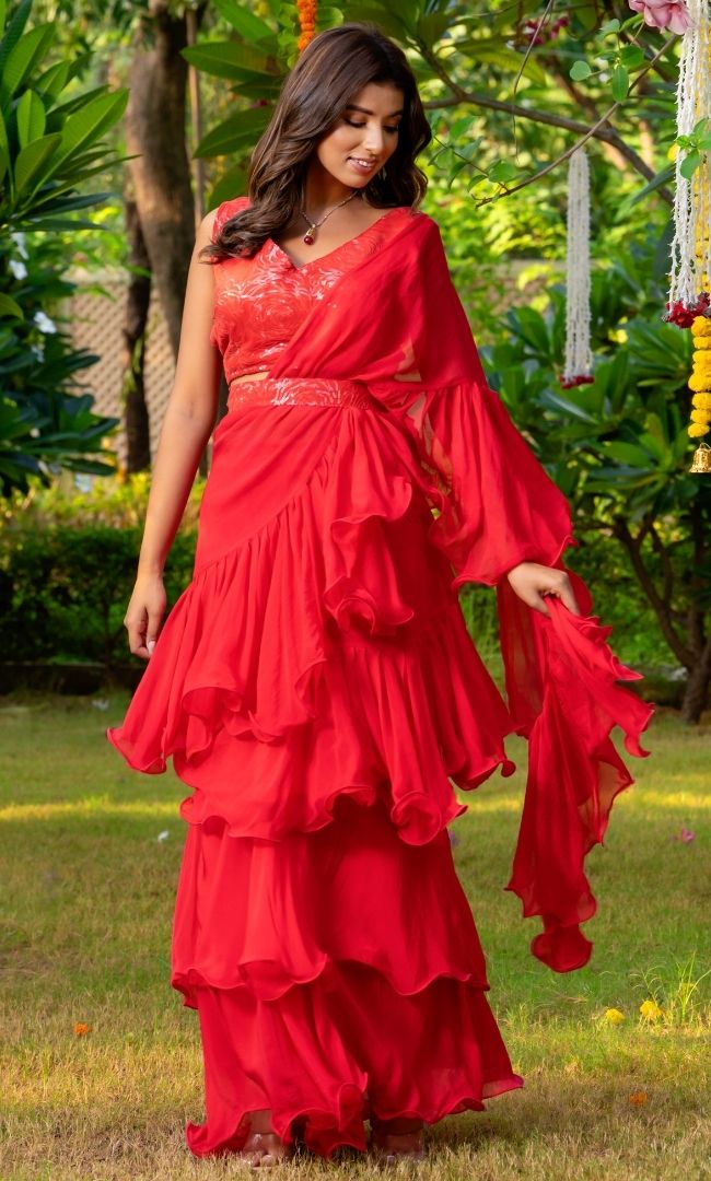 Red Ruffle Saree