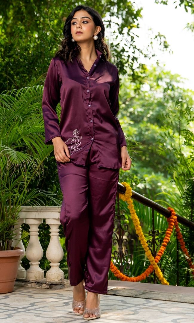 Wine Red Satin Co-ord Set