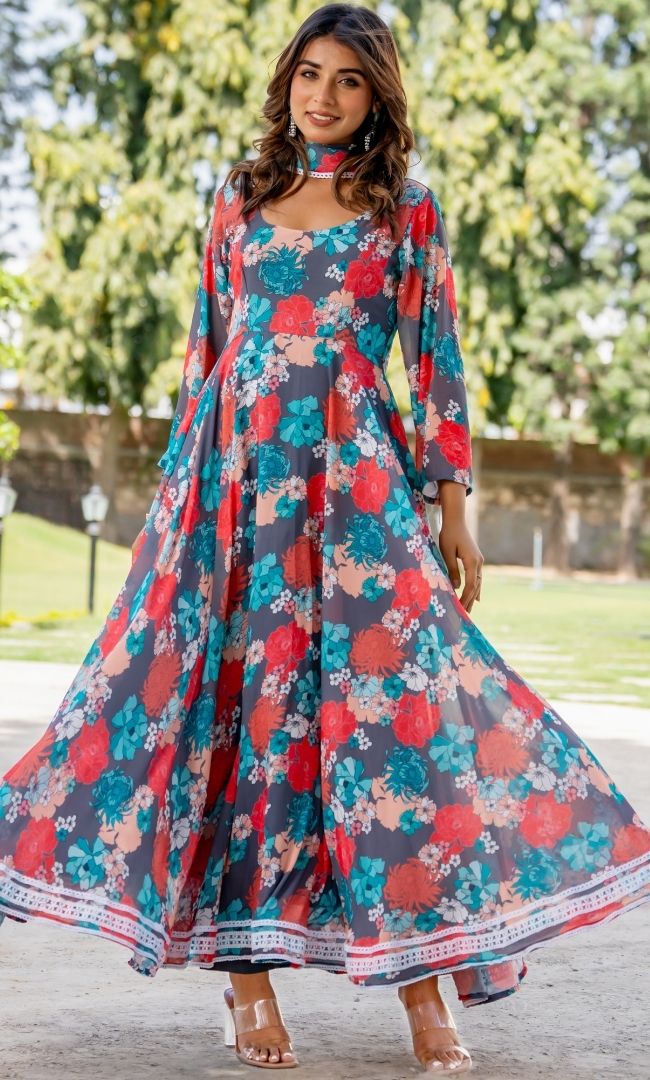 Tiara Grey Floral Anarkali Set