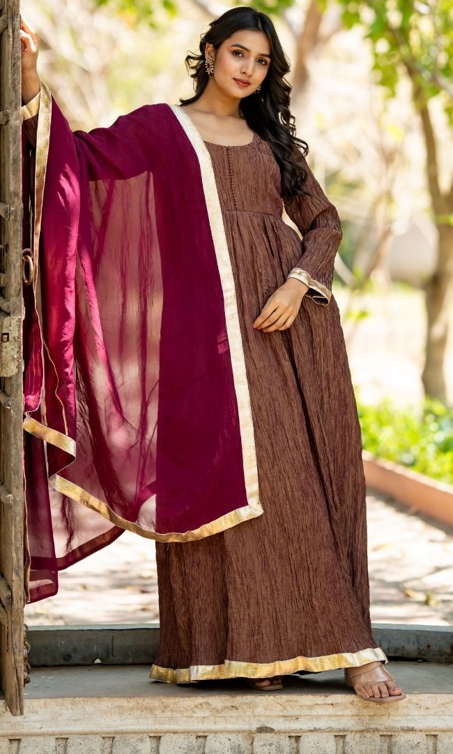 Sana Brown Crushed Anarkali Set