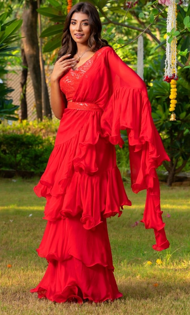 Red Ruffle Saree