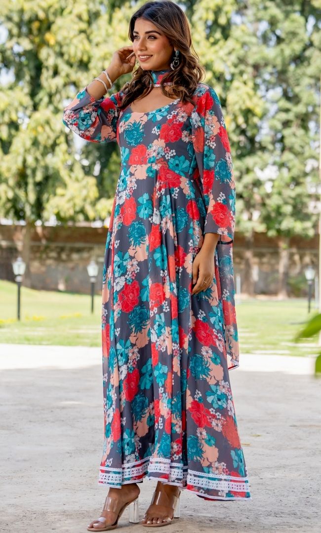 Tiara Grey Floral Anarkali Set