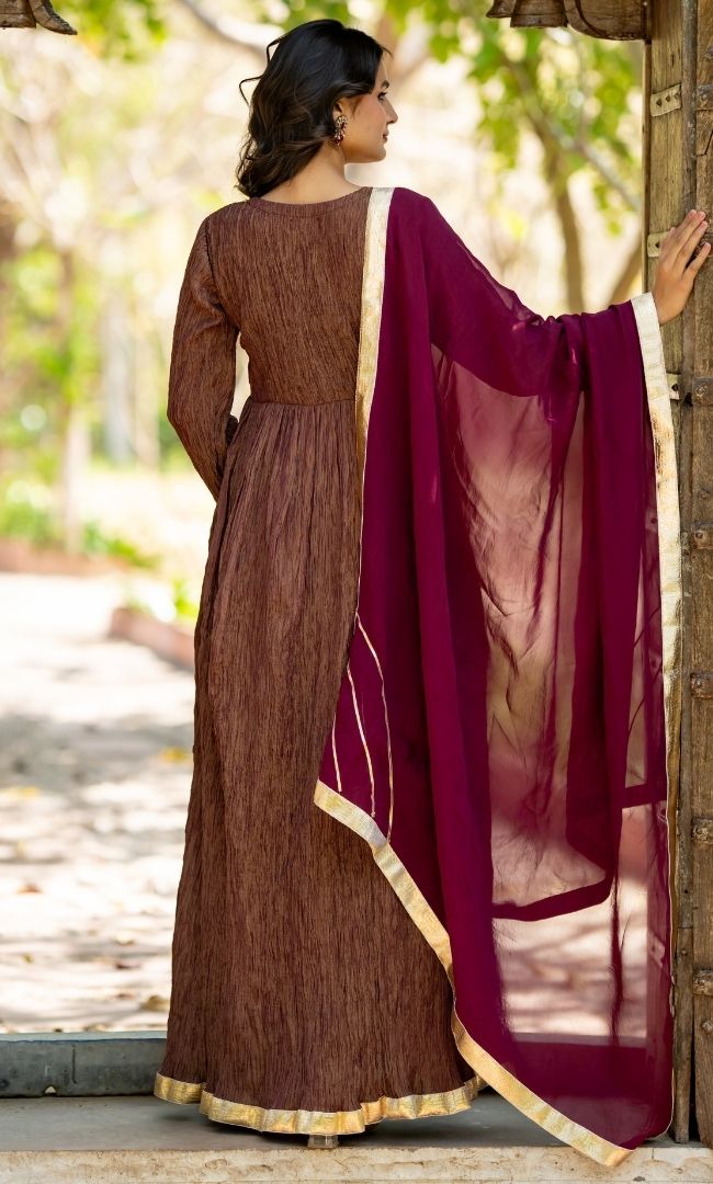 Sana Brown Crushed Anarkali Set