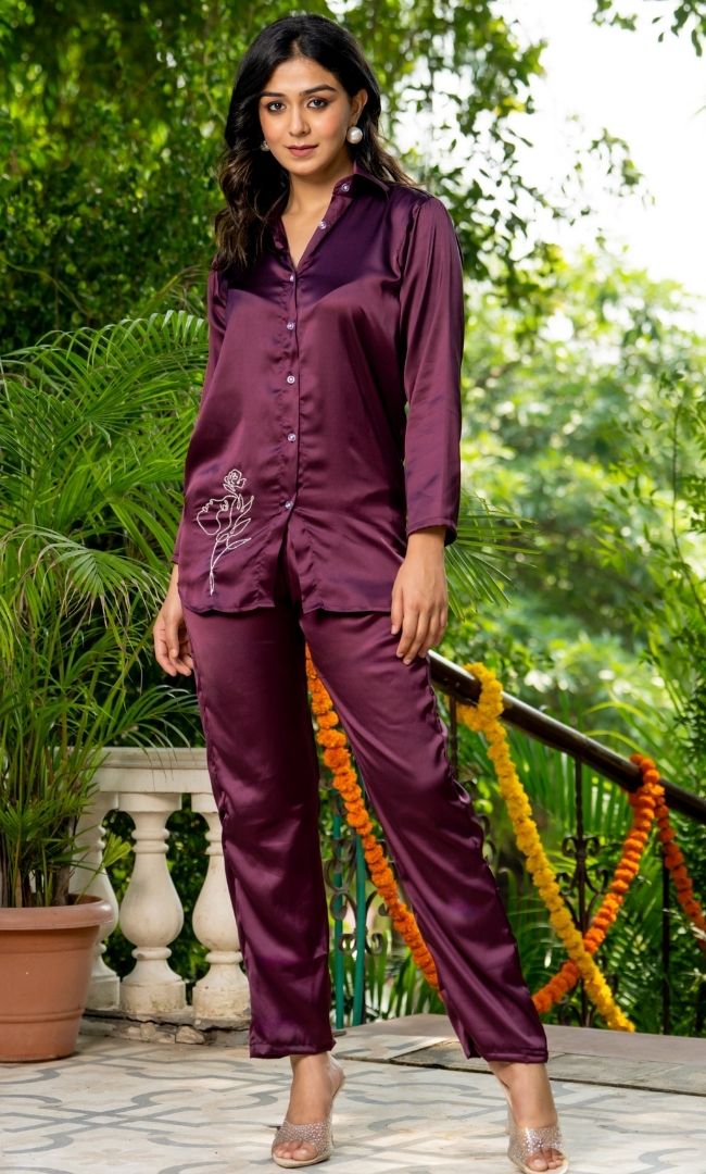 Wine Red Satin Co-ord Set