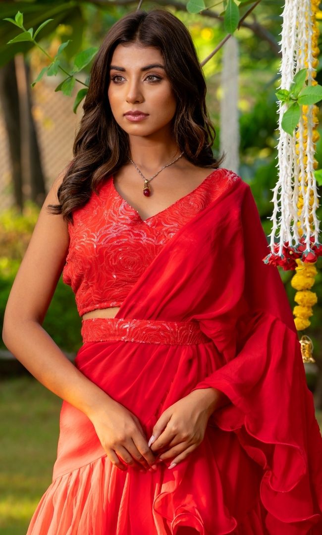 Red Ruffle Saree
