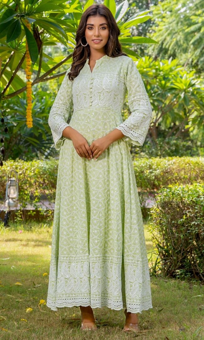 Tea Green Chikankari Kurta Set – House Of Jamoti