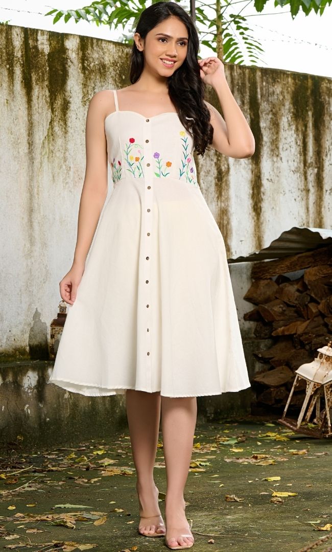 Off White Embroidered Linen Dress