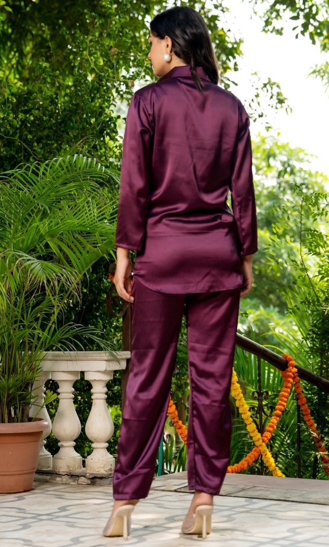 Wine Red Satin Co-ord Set