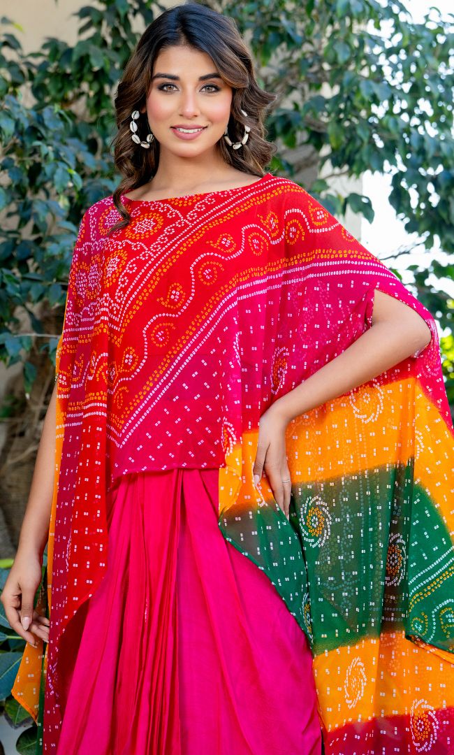 Hot Pink Bandhej Skirt Set