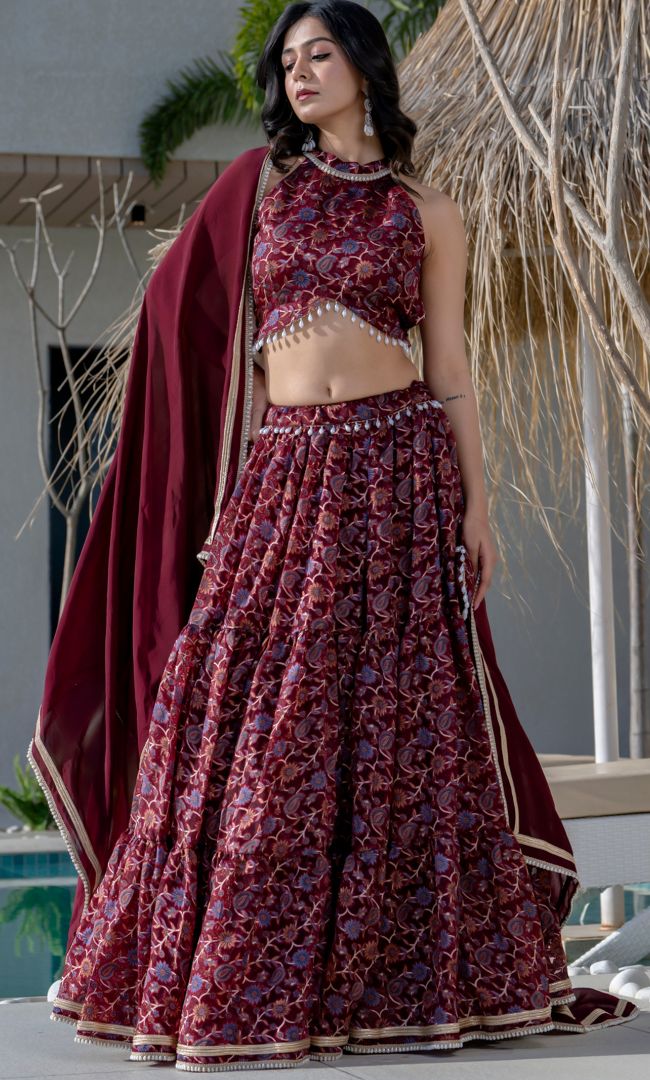 Maroon Halter Neck Lehenga