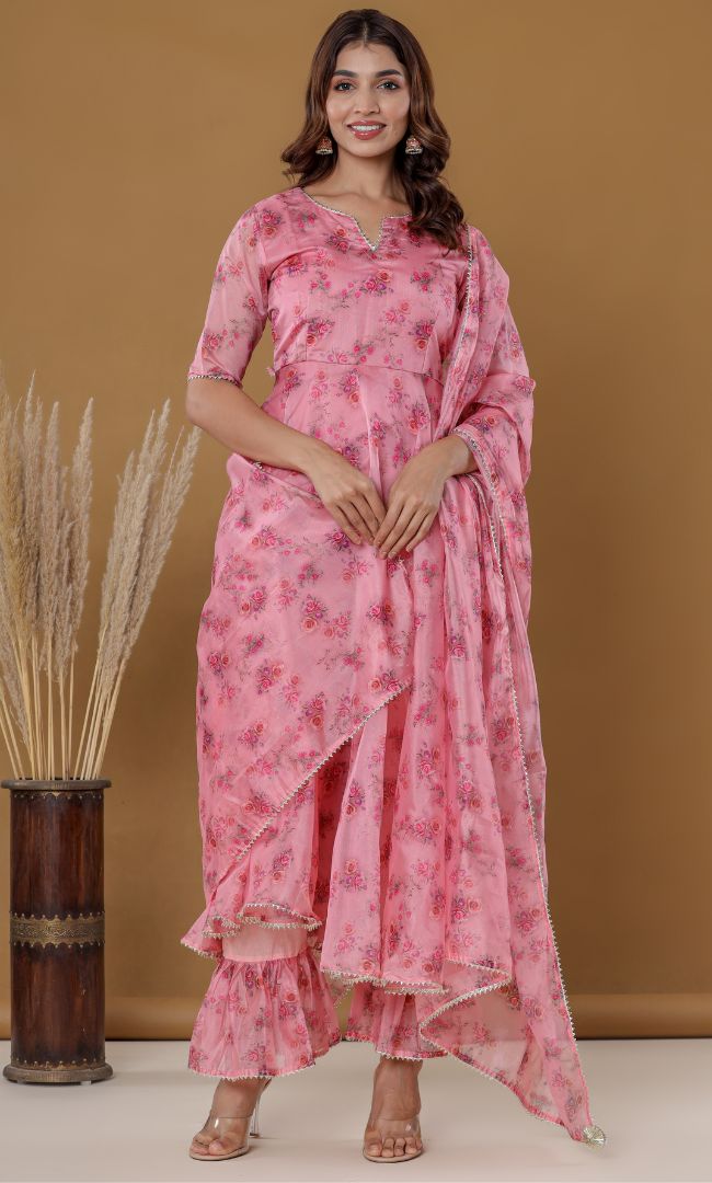 Rose Peach Floral Anarkali Set
