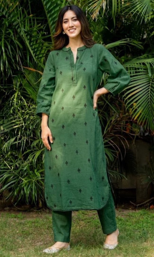 Green Pikes Spades Cotton Kurta Set