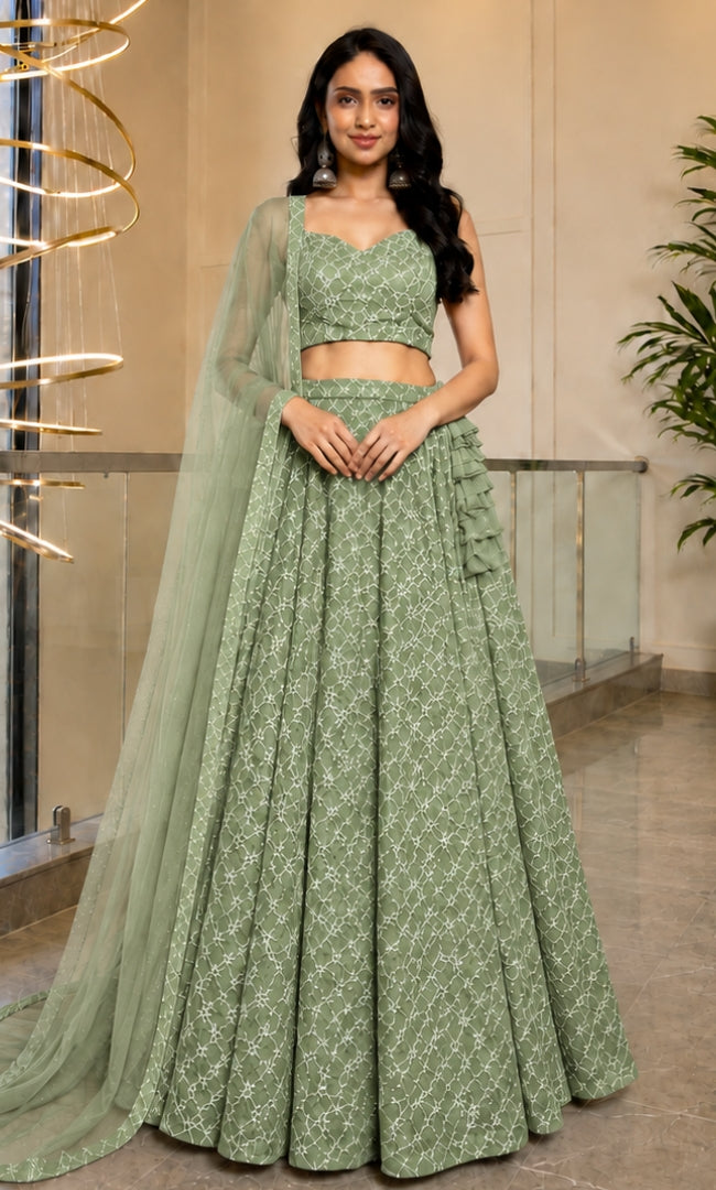 Herbal Green Jaal Embroidery Lehenga Set