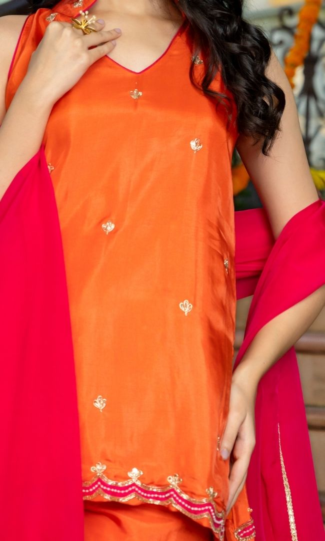 Sunset Orange Upada Silk Sharara Set