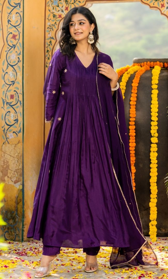 Deep Purple Embroidered Suit Set
