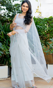 Grey Cutdana And Mirror Work Lines Saree